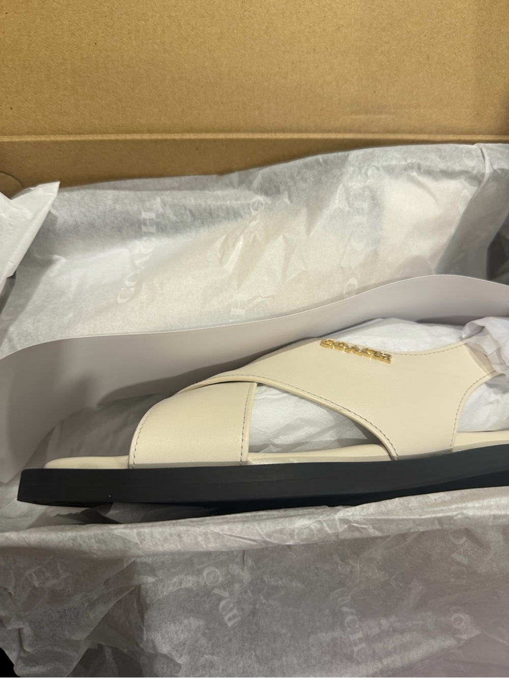 Coach Chalk Leather Crisscross Slide Sandals with Gold Logo CAP62 size 7.5 B - Picture 13 of 16